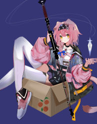 Rule 34 | 1girl, absurdres, animal ears, arknights, black coat, black skirt, blue background, blue bow, bow, box, braid, cardboard box, cat ears, cat girl, closed mouth, coat, enne kl, floppy ears, goldenglow (arknights), hair bow, hairband, high-waist skirt, highres, in box, in container, lightning bolt print, long sleeves, looking at viewer, medium hair, mikan box, multicolored coat, pink coat, pink hair, print hairband, shirt, side braid, simple background, skirt, solo, staff, two-tone coat, white shirt, yellow eyes