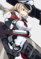 Rule 34 | 1girl, bad id, bad pixiv id, black gloves, black pantyhose, blonde hair, blue eyes, blush, breasts, capelet, cross, crossed arms, gloves, graf zeppelin (kancolle), hair between eyes, hat, highres, impossible clothes, jacket, kantai collection, large breasts, long hair, machinery, military, military uniform, miniskirt, necktie, ninoude (ninoude44), open mouth, pantyhose, peaked cap, rigging, sidelocks, skirt, smile, solo, tsurime, twintails, uniform