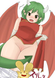 Rule 34 | bad id, bad pixiv id, bare shoulders, blush, carbuncle (puyopuyo), china dress, chinese clothes, cleft of venus, clothes lift, draco centauros, dress, dress lift, fang, fangs, gloves, green hair, horns, madou monogatari, no panties, nullhachi, open mouth, pointy ears, pussy, puyopuyo, short hair, solo, standing, sweat, tail, wings