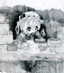 Rule 34 | 1girl, ascot, ballpoint pen (medium), bow, cake, cupcake, flandre scarlet, food, fork, greyscale, hat, hat bow, holding, mob cap, monochrome, open mouth, pen (medium), shiratsuyu mone, short hair, solo, table, touhou, traditional media