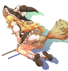 Rule 34 | 1girl, ass, blonde hair, bloomers, braid, broom, broom riding, female focus, hat, hermmy, kirisame marisa, solo, touhou, underwear, witch, witch hat, yellow eyes