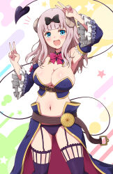 Rule 34 | 1girl, :d, absurdres, arm up, armpits, belt, bikini, black bow, blue bikini, blue eyes, blue sleeves, blue thighhighs, blunt bangs, blush, bow, bowtie, breasts, brown belt, cleavage, commentary request, cosplay, covered erect nipples, cowboy shot, crisis management form (machimazo), curled horns, demon girl, demon horns, demon tail, detached collar, detached sleeves, double v, eggman (pixiv28975023), frilled sleeves, frills, fujiwara chika, garter straps, hair bow, hand up, highres, horns, huge breasts, kaguya-sama wa kokurasetai ~tensai-tachi no renai zunousen~, kohara konomi, long hair, looking at viewer, machikado mazoku, multicolored background, navel, notice lines, open mouth, pink hair, red bow, red bowtie, revealing clothes, smile, solo, star (symbol), stomach, strapless, strapless bikini, swimsuit, tail, thighhighs, v, v over head, voice actor connection, waist cape, wide sleeves, yoshida yuuko (machikado mazoku), yoshida yuuko (machikado mazoku) (cosplay)