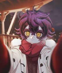 Rule 34 | 1boy, absurdres, androgynous, coat, freckles, fur-trimmed coat, fur-trimmed hood, fur trim, ghostcrown, gloves, highres, hood, kazuya seto, looking at viewer, male focus, meme, mittens, open clothes, open coat, pov, pov cheek warming (meme), purple hair, reaching, reaching towards viewer, red gloves, red mittens, red scarf, scarf, setoya0102, smile, stitches, upper body, virtual youtuber, white coat, winter clothes, winter coat, winter gloves, yellow eyes