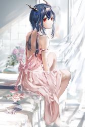 Rule 34 | 1girl, arknights, blue hair, ch&#039;en (arknights), curtains, dragon horns, dress, flower, from behind, gawako, highres, horns, indoors, knee up, long hair, looking at viewer, looking back, no tail, off shoulder, pink dress, red eyes, sitting, solo, strap slip, twintails