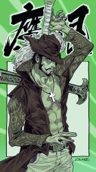 Rule 34 | 1boy, abs, artist name, beard, black hair, black hat, caine666, closed mouth, collarbone, cross, cross necklace, dracule mihawk, facial hair, hat, hat feather, jewelry, male focus, mustache, necklace, one piece, open clothes, short hair, sideburns, solo, sword, third-party source, translation request, weapon, weapon on back, yellow eyes
