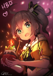 Rule 34 | 1girl, absurdres, ahoge, aqua eyes, birthday cake, black camisole, black ribbon, brown hair, cake, camisole, candle, candlelight, cat hair ornament, crop top, cropped jacket, food, hair between eyes, hair ornament, hair ribbon, highres, holding, holding food, hololive, jacket, looking at viewer, looking down, natsuiro matsuri, natsuiro matsuri (1st costume), navel, neck ribbon, off-shoulder jacket, off shoulder, open mouth, orange jacket, ozart212, ribbon, short hair, short sleeves, side ponytail, solo, spaghetti strap, sparks, teeth, upper teeth only, virtual youtuber