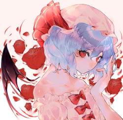 Rule 34 | 1girl, bare shoulders, blue hair, bow, collarbone, eyelashes, fingernails, flower, frills, hair between eyes, hat, long eyelashes, mini wings, off shoulder, parted lips, puffy sleeves, red bow, red eyes, red flower, red rose, remilia scarlet, rose, short hair, shru (ss sl99), solo, touhou, triangle mouth, vampire, white hat, wings