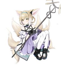 Rule 34 | 1girl, animal ears, ankle boots, arknights, bare shoulders, black collar, black footwear, black gloves, blonde hair, blue hairband, boots, braid, clothing cutout, collar, dress, earpiece, fox ears, fox girl, fox tail, gloves, green eyes, hairband, highres, holding, holding staff, infection monitor (arknights), invisible chair, joshua (shisanli934), kitsune, knees up, light blush, long hair, multicolored hair, multiple tails, pantyhose, purple dress, shoulder cutout, simple background, sitting, solo, staff, streaked hair, suzuran (arknights), tail, torn clothes, torn pantyhose, two-tone dress, white background, white dress, white hair, white pantyhose