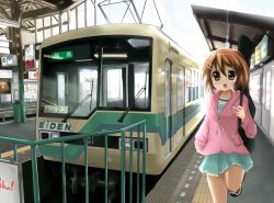 Rule 34 | 00s, 1girl, brown eyes, brown hair, guitar case, highres, hirasawa yui, hood, hoodie, instrument case, k-on!, karaage3, kyoto, open mouth, real world location, running, solo, tactile paving, train, train station, translation request