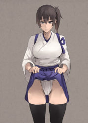 Rule 34 | 10s, 1girl, black eyes, black hair, black thighhighs, breasts, cleft of venus, clothes lift, female pubic hair, fundoshi, japanese clothes, kaga (kancolle), kantai collection, large breasts, lifted by self, long hair, looking at viewer, pepe (jonasan), pubic hair, side ponytail, sketch, skirt, skirt lift, solo, tasuki, thighhighs