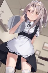 Rule 34 | 1girl, alternate costume, apron, black dress, black ribbon, brown eyes, closed mouth, collared shirt, dress, frilled apron, frills, hair between eyes, high ponytail, highres, holding, holding tray, indoors, kantai collection, light brown hair, long hair, maid headdress, natsuki (gedo), neck ribbon, puffy short sleeves, puffy sleeves, restaurant, ribbon, shirt, short sleeves, solo, thighhighs, tray, underbust, waist apron, waitress, white apron, white shirt, white thighhighs, zuihou (kancolle)