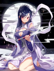 Rule 34 | 1girl, acco (sh in), blue hair, bottomless, breasts, character request, cleavage, cleavage cutout, clothing cutout, detached sleeves, dress, eyes visible through hair, hair between eyes, hair ornament, hair over one eye, hand up, headpiece, holding, holding sword, holding weapon, large breasts, long hair, looking at viewer, moon, night, purple dress, red eyes, sangokushi taisen, sitting, solo, sword, weapon, yokozuwari
