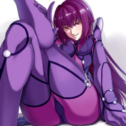 Rule 34 | 1girl, armor, bodysuit, fate/grand order, fate (series), gogocchi, hair intakes, long hair, looking at viewer, pauldrons, pixiv fate/grand order contest 2, purple bodysuit, purple hair, red eyes, scathach (fate), shoulder armor, solo, very long hair