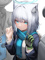 Rule 34 | 1girl, 2boys, absurdres, animal ear fluff, animal ears, blue archive, blue eyes, blue scarf, closed mouth, gloves, green gloves, halo, highres, looking at viewer, multiple boys, scarf, shiroko (blue archive), short hair, single glove, tab head, white hair
