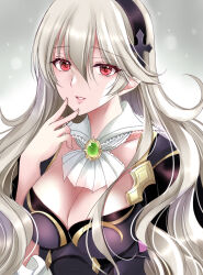 Rule 34 | 1girl, armor, ascot, black armor, black hairband, breasts, brooch, cleavage, commentary request, corrin (female) (fire emblem), corrin (female) (nohr noble) (fire emblem), corrin (fire emblem), detached collar, fingernails, fire emblem, fire emblem fates, grey background, grey hair, hair between eyes, hairband, hand on own face, highres, jewelry, kirishima riona, large breasts, lips, long hair, looking at viewer, medium breasts, nintendo, official alternate costume, parted lips, pink lips, pink nails, pointy ears, red eyes, solo, very long hair, wavy hair, white ascot