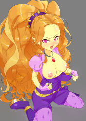 1girl absurdres adagio_dazzle boots breasts breasts_out dekasuji gem hairband hasbro high_heel_boots high_heels highres jewelry looking_at_viewer medium_breasts my_little_pony my_little_pony:_equestria_girls my_little_pony:_friendship_is_magic nipples open_mouth pendant spiked_hairband spikes top_pull