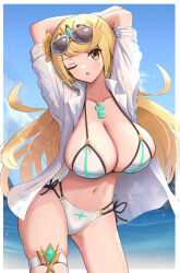 Rule 34 | 1girl, absurdres, alternate costume, bikini, breasts, chest jewel, gonzarez, highres, large breasts, mythra (xenoblade), solo, swimsuit, xenoblade chronicles (series), xenoblade chronicles 2
