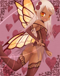 Rule 34 | 1girl, ass, bad id, bad pixiv id, bare shoulders, bridal gauntlets, bustier, butterfly wings, choker, covered erect nipples, dark-skinned female, dark skin, fairy, flat chest, flower, hair flower, hair ornament, heart, insect wings, kay, kay (utd), lace, lace-trimmed legwear, lace trim, lingerie, orange eyes, original, panties, solo, strap slip, thighhighs, thong, underwear, white hair, wings