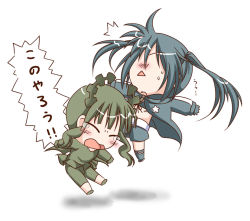 Rule 34 | 10s, 2girls, black rock shooter, black rock shooter (character), blue dress, blue hair, blush, chibi, closed eyes, dead master, dress, full body, green hair, hidden eyes, inu0831, jumping, long sleeves, multiple girls, simple background, standing, sweatdrop, twintails, white background, wince