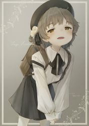 Rule 34 | 1girl, :d, backpack, bag, beret, black bow, black hat, black ribbon, black skirt, blush, bow, brown eyes, brown hair, character name, collared shirt, commentary request, copyright name, fangs, flower, hair flower, hair ornament, hair rings, hat, hatoba tsugu, highres, kinako (shiratama mochi), leaning forward, long sleeves, looking at viewer, mole, mole under eye, open mouth, pantyhose, pleated skirt, ribbon, rose, shirt, skirt, sleeves past wrists, smile, solo, suspender skirt, suspenders, twitter username, virtual youtuber, white flower, white pantyhose, white rose, white shirt