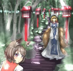 Rule 34 | 2girls, animal ears, bad id, bad pixiv id, brown hair, cat ears, cat girl, chen, dennou, dennou switch, earrings, closed eyes, female focus, forest, fox tail, hat, jewelry, looking back, multiple girls, multiple tails, nature, red eyes, sketch, sleeves past wrists, stairs, sunlight, tail, touhou, tree, yakumo ran