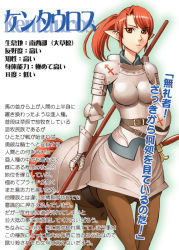 Rule 34 | 1girl, armor, breasts, centaur, character profile, large breasts, monster girl, okayado, partially translated, polearm, ponytail, red eyes, red hair, solo, spear, taur, translation request, weapon