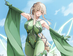 Rule 34 | 1girl, arai hitomi (rc f), artist name, black ribbon, blonde hair, blush, bodysuit, borrowed character, breasts, brown eyes, collarbone, commission, covered navel, flying, green bodysuit, highres, keenh, large breasts, long hair, looking at viewer, mole, mole under eye, multicolored bodysuit, multicolored clothes, open mouth, original, outstretched arms, ponytail, ribbon, sailor collar, skin tight, sky, solo, very long hair