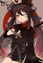 Rule 34 | 1girl, ;o, absurdres, blush, brown hair, flower, genshin impact, ghost, hand on own chest, hat, highres, hu tao (genshin impact), jewelry, long sleeves, looking at viewer, nail polish, one eye closed, open mouth, pof (peuplierpof), red eyes, ring, smile, solo, symbol-shaped pupils, twintails