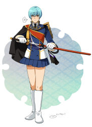 Rule 34 | 10s, 1boy, aqua hair, armor, black necktie, blue skirt, boots, buttons, cape, crossdressing, double-breasted, drawing sword, full body, holding, holding sword, holding weapon, ichigo hitofuri, japanese armor, katana, looking at viewer, male focus, military, military uniform, mizuhara aki, necktie, personification, pleated skirt, sheath, short hair, shoulder armor, skirt, sode, solo, speech bubble, spoken sweatdrop, standing, sweatdrop, sword, touken ranbu, uniform, unsheathing, weapon, white background, white footwear