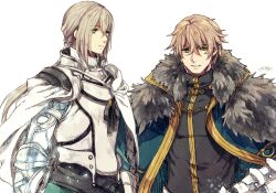 Rule 34 | 2boys, armor, bedivere (fate), black shirt, blonde hair, blue cape, breastplate, cape, closed mouth, commentary request, dated, fate/grand order, fate (series), fur-trimmed cape, fur trim, gauntlets, gawain (fate), green eyes, hair between eyes, long hair, looking at viewer, low ponytail, male focus, multiple boys, shirt, short hair, signature, simple background, smile, tokio (okt0w0), upper body, white background