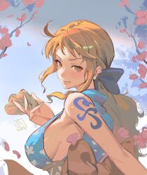 Rule 34 | 1girl, armpit crease, bare shoulders, blue kimono, blue ribbon, breasts, cherry blossoms, closed mouth, commentary, earrings, floral print, from side, hair ribbon, hand up, holding, holding money, japanese clothes, jewelry, jimbobox, kimono, large breasts, long hair, looking at viewer, looking to the side, low ponytail, money, nami (one piece), nami (one piece) (wano), official alternate costume, official alternate hairstyle, one piece, orange eyes, orange hair, pearl earrings, print kimono, ribbon, sash, shoulder tattoo, sideboob, sidelocks, signature, sleeveless, sleeveless kimono, solo, tattoo, wavy hair