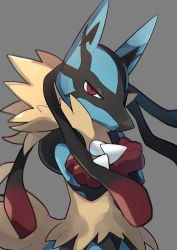 Rule 34 | blurry, commentary request, creatures (company), crossed arms, floating hair, furry, game freak, gen 4 pokemon, grey background, highres, looking at viewer, lucario, mega lucario, mega pokemon, nintendo, ou negi, pokemon, pokemon (creature), red eyes, spikes, upper body, yellow fur