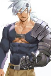Rule 34 | 1boy, bara, character request, covered abs, covered navel, cowboy shot, gentle2nd, kyuuketsuki sugu shinu, large pectorals, looking at viewer, male focus, muscular, muscular male, pectoral cleavage, pectorals, prosthesis, prosthetic arm, shirt, short hair, silver hair, solo, spiked hair, taut clothes, taut shirt, underpec