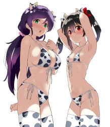 Rule 34 | 2girls, animal ears, animal print, armpits, arms up, bare arms, bare shoulders, bikini, black hair, breasts, cow ears, cow horns, cow print, fake animal ears, fake horns, front-tie bikini top, front-tie top, green eyes, hair ornament, hair scrunchie, highres, horns, kurokawa makoto, large breasts, long hair, looking at viewer, love live!, love live! school idol project, low twintails, multiple girls, pink scrunchie, purple hair, red eyes, scrunchie, side-tie bikini bottom, simple background, small breasts, swimsuit, thighhighs, thighs, tojo nozomi, twintails, white background, white bikini, yazawa nico
