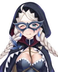 Rule 34 | 1girl, absurdres, ahoge, blue brooch, blue eyes, blue feathers, braid, breasts, cape, chain, cleavage, commission, commissioner upload, crystal earrings, devaniart, earrings, eye mask, feathers, fire emblem, fire emblem fates, fire emblem heroes, gold chain, harness, highres, hood, hood up, hooded cape, jewelry, long hair, looking at viewer, low twin braids, medium breasts, nina (fire emblem), nina (thief) (fire emblem), nintendo, non-web source, o-ring, official alternate costume, one eye closed, parted bangs, tongue, tongue out, transparent background, turtleneck, twin braids, upper body