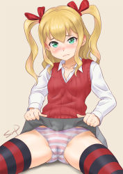 Rule 34 | 1girl, artist name, ass, blonde hair, blush, cameltoe, cleft of venus, clothes lift, dress shirt, green eyes, grey skirt, hinomiya niho, lifted by self, long hair, looking at viewer, panties, red vest, school girl strikers, school uniform, shirt, sitting, skirt, skirt lift, solo, spread legs, striped clothes, striped panties, striped thighhighs, sunsun69, sweater vest, thighhighs, two side up, underwear, vest, white shirt