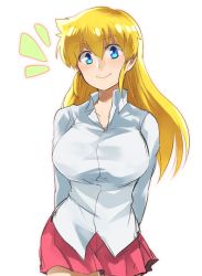 Rule 34 | 1girl, arms behind back, blonde hair, blue eyes, breasts, closed mouth, collared shirt, commentary request, fuurinji miu, hair down, hannpen5500, long hair, looking at viewer, medium breasts, pink skirt, pleated skirt, shijou saikyou no deshi ken&#039;ichi, shirt, simple background, skirt, smile, solo, standing, white shirt