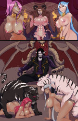 Rule 34 | 1boy, 5girls, all fours, animal penis, arms behind back, ass, bestiality, black lips, black sclera, blue eyes, blue hair, breasts, brown eyes, brown hair, chain, chain leash, closed eyes, closed mouth, code geass, collar, collarbone, colored sclera, crossover, cuffs, dark-skinned female, dark skin, doggystyle, dragonaut, garnet mclane, gold, gold chain, grey hair, grin, hair over one eye, half-closed eyes, highres, horns, ingrid (taimanin asagi), large breasts, leash, lips, lipstick, long hair, looking at viewer, machina (dragonaut), makeup, multiple girls, multiple views, muscular, muscular female, nipples, nude, open mouth, parted lips, penis, pink hair, ponytail, pregnant, pussy, red hair, sex, sex from behind, short hair, sitting, smile, spread legs, standing, tail, taimanin (series), teeth, tiger, tongue, tongue out, top-down bottom-up, veins, veiny penis, very long hair, villetta nu, wings, yellow eyes
