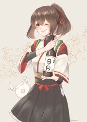 Rule 34 | 1girl, 1other, ;p, alcohol, black skirt, bottle, brown hair, cowboy shot, cup, enemy lifebuoy (kancolle), hair ribbon, hakama, hakama short skirt, hakama skirt, holding, holding bottle, holding cup, ise (kancolle), japanese clothes, kantai collection, looking at viewer, nontraditional miko, one eye closed, pink background, pleated skirt, pointing, ponytail, red eyes, red ribbon, remodel (kantai collection), ribbon, sake, sake bottle, short hair, skin tight, skirt, tokkuri, tongue, tongue out, undershirt, yuzu (kimagure kankitsurui)
