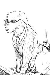 Rule 34 | animal, animal focus, bad id, bad pixiv id, clothed animal, dog, greyscale, hongcha (roels), kain pathos crow, male focus, monochrome, necktie, no humans, roels, scp foundation, simple background, sitting, solo, sunglasses, sweater, white background