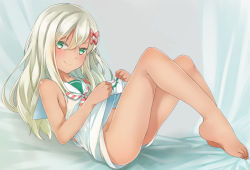 Rule 34 | 1girl, bare arms, bare legs, bare shoulders, barefoot, bed sheet, bow, closed mouth, clothes lift, comah, diagonal-striped neckwear, dress, dress lift, full body, grecale (kancolle), green eyes, grey hair, hair bow, kantai collection, lifting own clothes, long hair, looking at viewer, lying, no panties, on back, red bow, sailor collar, sailor dress, sleeveless, sleeveless dress, smile, solo, striped neckwear, white dress, white sailor collar