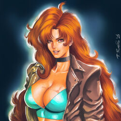 1980s_(style) 1girl aqua_shirt big_hair black_choker borrowed_character breasts brown_jacket choker commentary crop_top english_commentary highres jacket large_breasts leather leather_jacket long_hair makeup maria_(space_maria) mascara oldschool orange_hair pablo_romero parted_hair pink_lips plunging_neckline red_eyes retro_artstyle scar scar_on_breasts shirt signature smile solo space_maria teeth upper_body very_long_hair