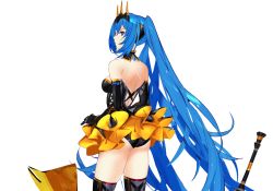 Rule 34 | 1girl, ass, back, bare shoulders, black gloves, black thighhighs, blue eyes, blue hair, breasts, crown, detached collar, elbow gloves, gloves, hatsune miku, kiwamu, long hair, matching hair/eyes, medium breasts, race queen, racing miku, racing miku (2015), sideboob, simple background, solo, thighhighs, very long hair, vocaloid, white background