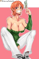 Rule 34 | 1girl, bare shoulders, breasts, cleavage cutout, clothing cutout, denim, evil grin, evil smile, female focus, grin, highres, jeans, large breasts, looking at viewer, money, nami (one piece), one piece, orange eyes, orange hair, pants, shoes, short hair, sitting, smile, socks, solo, sweater, tattoo, white pants