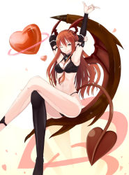 Rule 34 | 1girl, akagi kiyo, armpits, bra, breasts, cleavage, crossed legs, demon girl, female focus, gradient background, heart, horns, long hair, lord of vermilion, navel, one eye closed, panties, pointy ears, red eyes, red hair, single thighhigh, single wing, sitting, smile, solo, succubus (lord of vermilion), tail, thighhighs, tongue, underwear, white background, wings, wink
