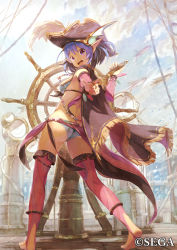 Rule 34 | 10s, 1girl, :d, ass, barefoot, blue hair, cape, chain chronicle, commentary request, day, fish, flying fish, fringe trim, full body, hat, hat feather, jewelry, legband, looking at viewer, looking back, open mouth, peixe (chain chronicle), pirate hat, pointing, pointing at viewer, pointy ears, purple eyes, short hair, smile, soles, solo, standing, thighhighs, thighlet, toeless legwear, toes, tomioka jirou, watermark