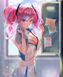 Rule 34 | 1girl, alternate hair color, azur lane, bare shoulders, bow, breasts, bremerton (azur lane), bremerton (scorching-hot training) (azur lane), commentary, crop top, crop top overhang, drying, grey hair, hair between eyes, hair bow, hair ornament, hairclip, heart, heart necklace, ice (ice aptx), indoors, jewelry, large breasts, light particles, locker, locker room, long hair, multicolored hair, necklace, no mole, parted lips, pink hair, solo, sportswear, streaked hair, tennis uniform, twintails, two-tone hair, two-tone shirt, two-tone skirt, x hair ornament