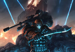 2boys aiming anti-materiel_rifle armor assault_visor combat_knife emile-a239 explosive fire foreshortening grenade gun halo_(series) helmet highres holding holding_knife isaac_hannaford jun-a266 knife laser multiple_boys official_art power_armor rifle scope shotgun_shell shoulder_armor skull_print sniper_rifle spartan_(halo) srs99 weapon