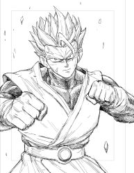 Rule 34 | 1boy, belt, clenched hands, closed mouth, commentary, dragon ball, dragonball z, english commentary, fighting stance, greyscale, looking at viewer, male focus, monochrome, solo, son gohan, spiked hair, super saiyan, vest, y naf