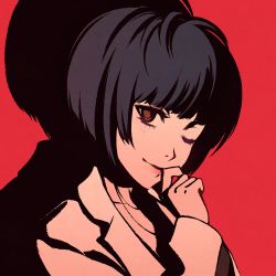 Rule 34 | 1girl, black hair, blunt bangs, bob cut, brown eyes, closed mouth, collarbone, eyelashes, hand to own mouth, jewelry, lab coat, lipstick, looking at viewer, makeup, moshimoshibe, necklace, one eye closed, persona, persona 5, persona 5 the royal, pink lips, portrait, red background, shadow, short hair, simple background, smile, solo, takemi tae